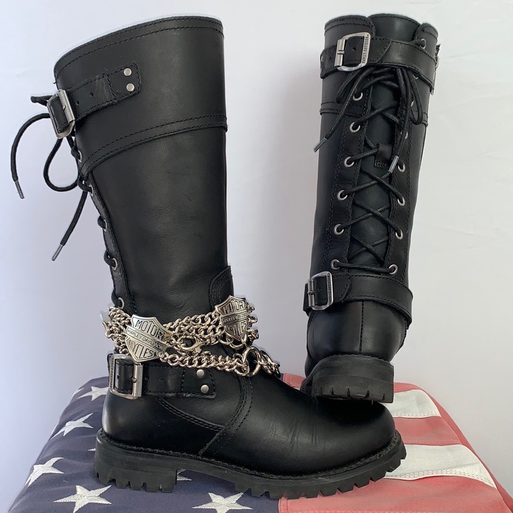 HARLEY-DAVIDSON Black Leather Lace Up Zip Tall Knee High Biker Moto Boots 6.5 - Picture 6 of 10
